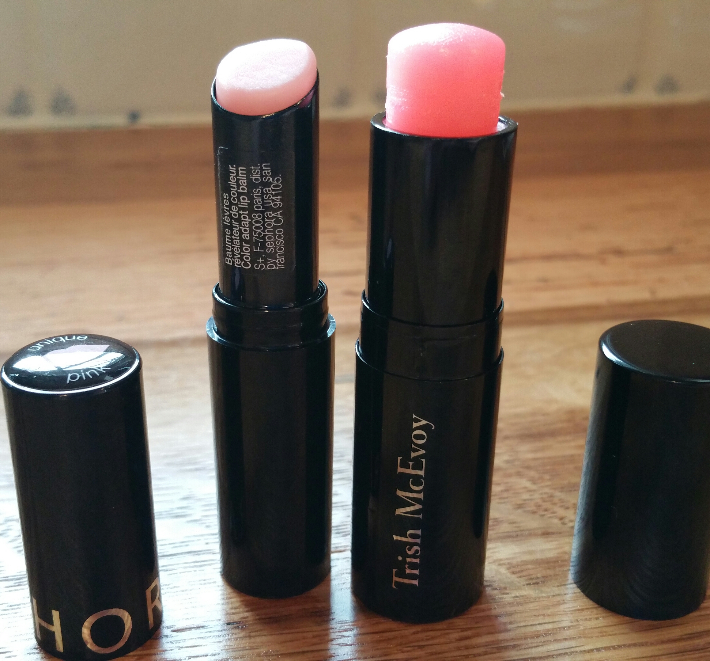 Left: Sephora Color Reveal Balm; Right: Trish McEvoy Lip Perfector Balm ...