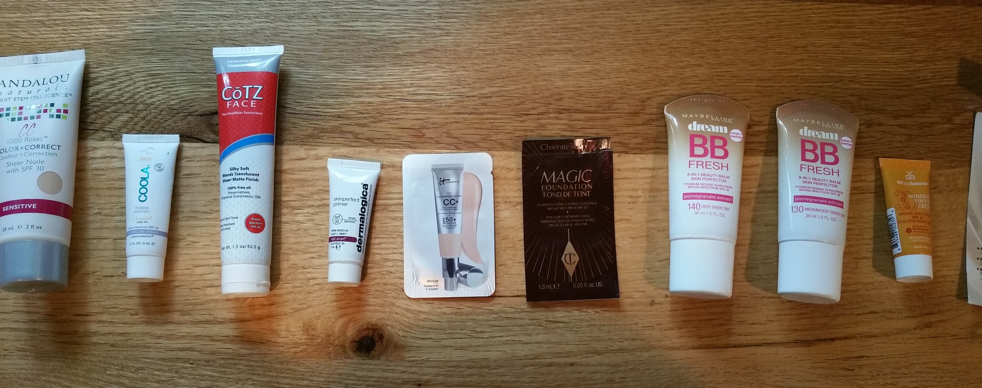 Left to right: Andalou 1000 Roses Sensitive SPF 30, Coola, Cotz, Dermalogica, It Cosmetics, Charlotte Tilbury, Maybelline BB, Maybelline BB, MDSolarsciences