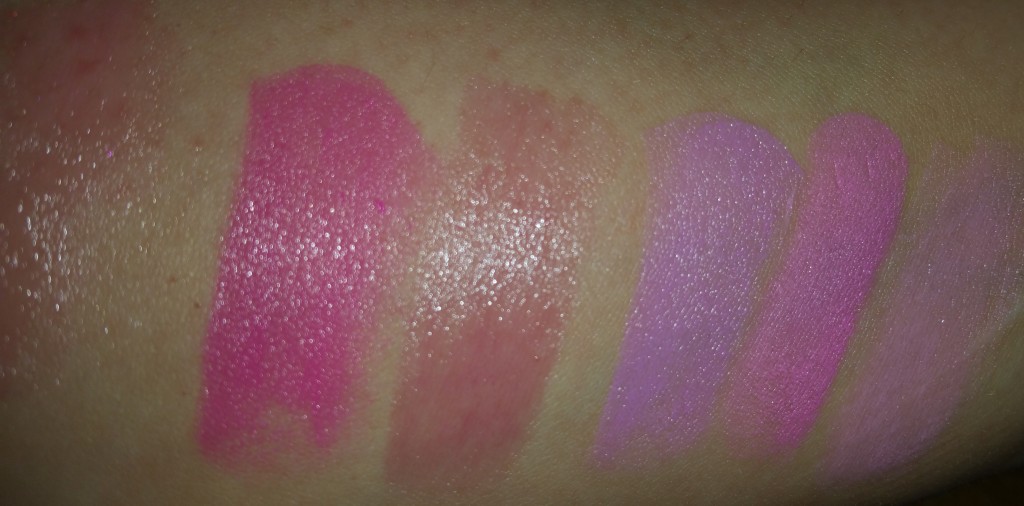 Swatches left to right: Dior Addict Lip Glow - Lilac 005, NYX Butter Lipstick - Razzle Fiesta, Cover Girl Oh Sugar! - Jelly 9, Maybelline Colorsensational Lilac Flush 725, Wet N Wild Lipstick - Dollhouse Pink 967, and Essence Longlasting Lipstick - Get the Look 20.