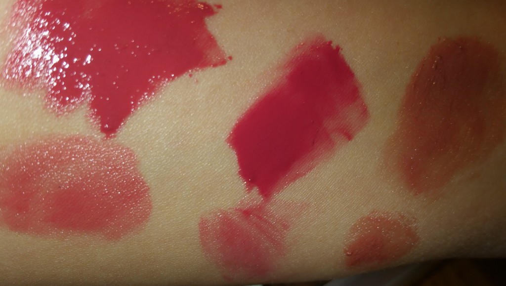 Left to right: Rosebud, Uber Rose, and Blush - swatched heavily and sheerly - with flash