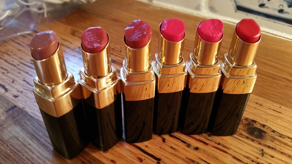 Left to right Blush, Rosebud, Uber Rose, Bright Raspberry, Cosmic Peony, and Poppy - with flash