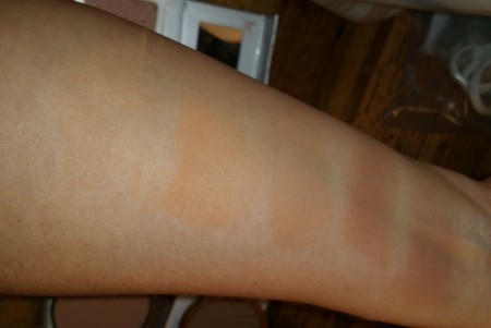 Left to right, starting at wrist: Essence 01 and 02, NYC Bronzer and Mosaic, NYC e.l.f (crook of arm)