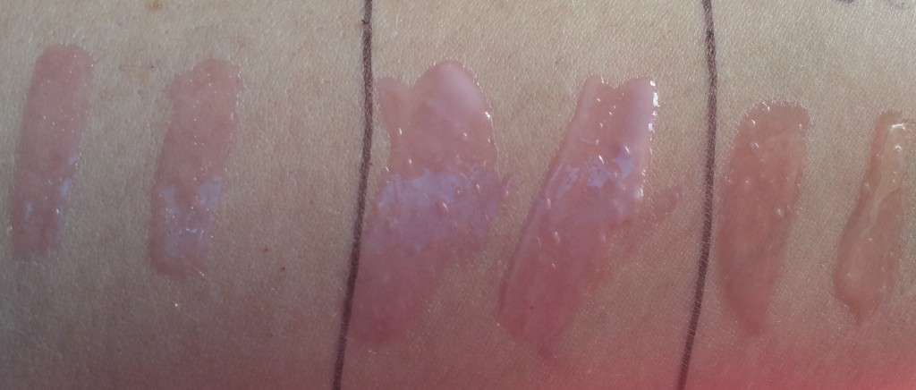 Left to Right: Physicians Formula, It Cosmetics, Sephora Color Adapt Glosses - swatched on arm and shown after 3 minutes of application - natural light