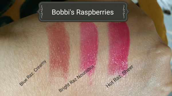 Bobbi Brown Lipsticks: left to right: Creamy Lip Color, Blue Raspberry- 05; Nourishing Lip Color, Bright Raspberry; and Sheer Lip Color Hot Raspberry- 02.