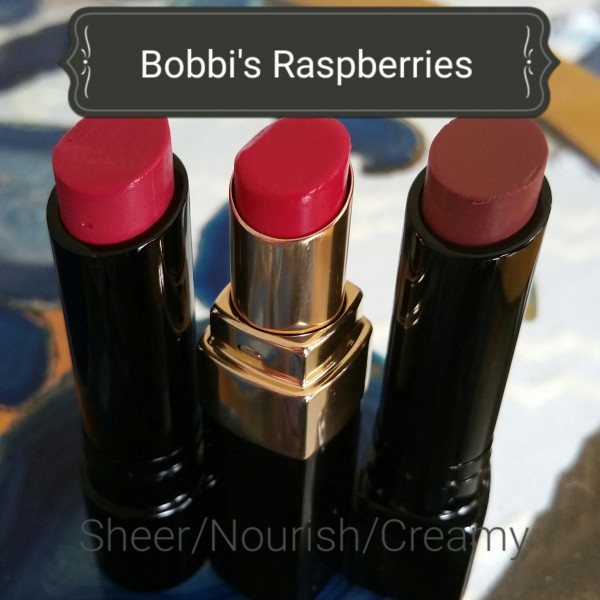 Bobbi Brown Lipsticks: left to right: Sheer Lip Color, Hot Raspberry- 02; Nourishing Lip Color, Bright Raspberry; and Cream Lip Color, Blue Raspberry- 05