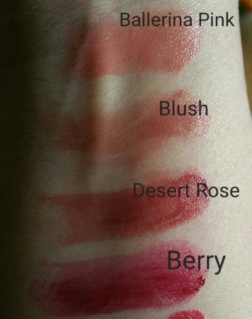 Swatches of Bobbi Brown Nourishing Lip Color - Ballerina Pink, Blush, Desert Rose, and Berry