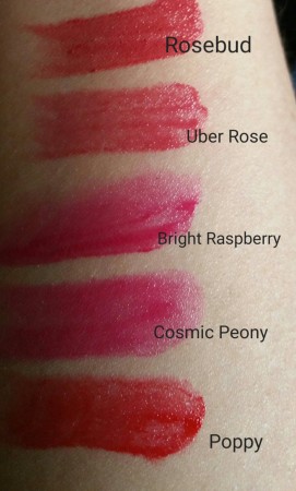 Swatches of Bobbi Brown Nourishing Lip Color - Rosebud, Uber Rose, Bright Raspberry, Cosmic Peony, and Poppy