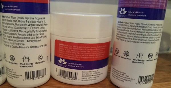 Left to right: Derma e Anti-Wrinkle Vitamin A Toner, Anti-Wrinkle Vitamin A Retinyl Palmitate Crème, and Firming Toner with DMAE, Alpha Lipoic and C-Ester