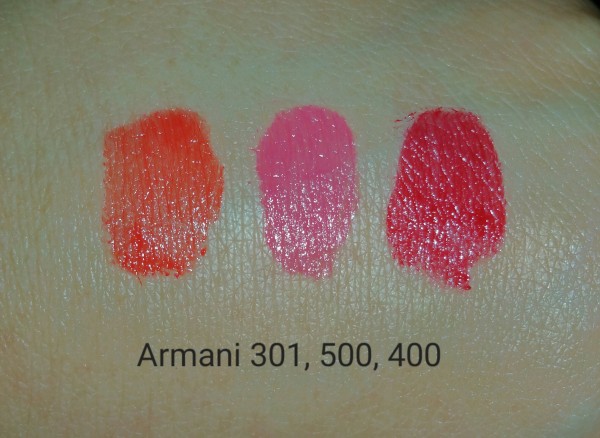 Giorgio Armani Rouge Ecstasy Lipstick Sampler - Colors: Gio No. 301, Eccentrico No. 500, and Four Hundred No. 400 - swatched on hand