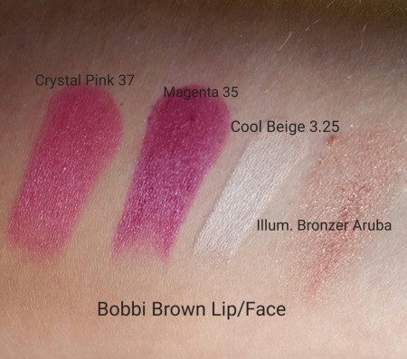 Swatches of Bobbi Brown Sheer Lip Colors in Magenta - 35 & Crystal Pink - 37, Face Touch Up Stick in Cool Beige - 3.25, and Illuminating Bronzing Powder - Aruba.
