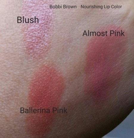 Bobbi Brown Nourishing Lip Colors for comparison - Blush, Almost Pink, & Ballerina Pink - natural light
