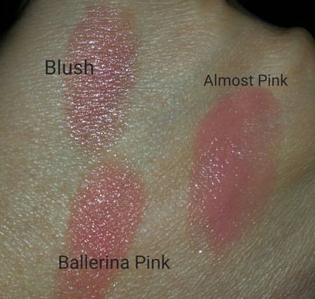 Bobbi Brown Nourishing Lip Colors for comparison - Blush, Almost Pink, & Ballerina Pink - with flash