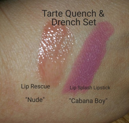 Tarte Rainforest of the Sea™ Drench Lip Splash Lipstick & Quench Lip Rescue - swatches on hand - with flash
