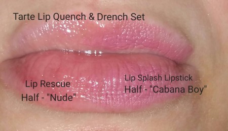 Tarte Rainforest of the Sea™ Drench Lip Splash Lipstick & Quench Lip Rescue - swatched side by side on mouth - with flash