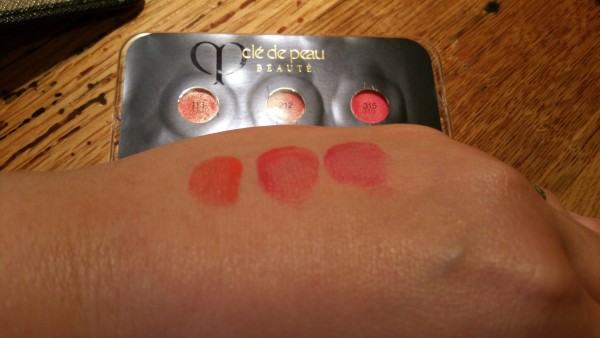 Cle de Peau Beaute Extra Rich Lipstick Sampler - Colors 113, 212, and 315 - swatched on hand, left to right