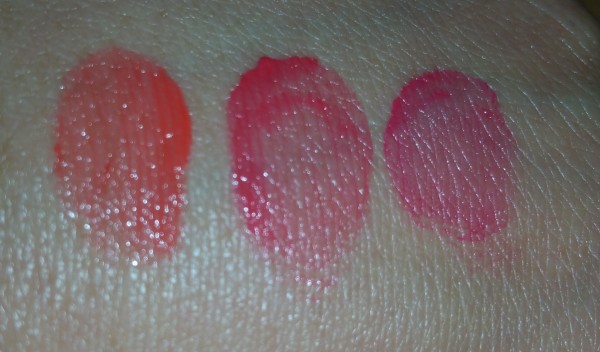Cle de Peau Beaute Extra Rich Lipstick Sampler - Colors 113, 212, and 315 - swatched with flash on hand, left to right 
