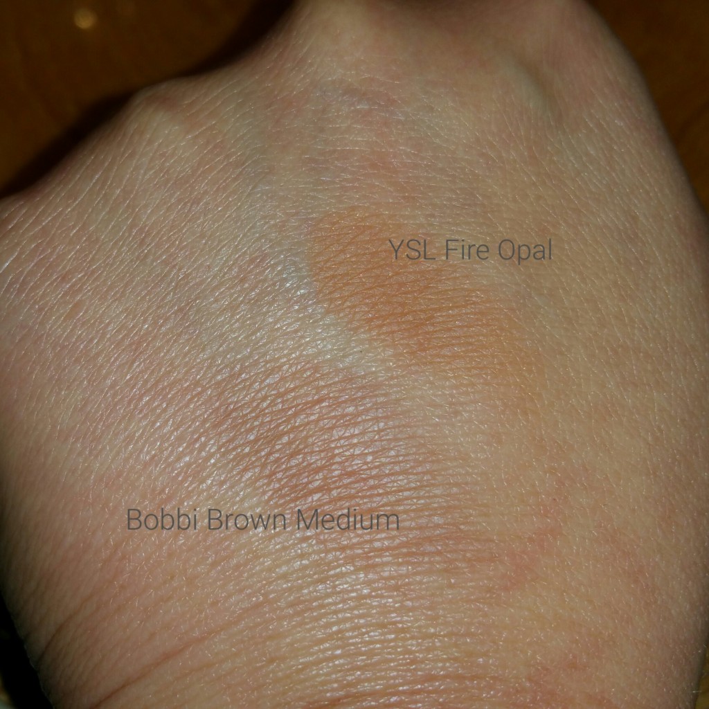 Bobbi Brown Cosmetics Face & Body Bronzing Powder in Medium and YSL Les Sahariennes Bronzing Stone in Fire Opal No. 2 (Medium) - swatched on hand