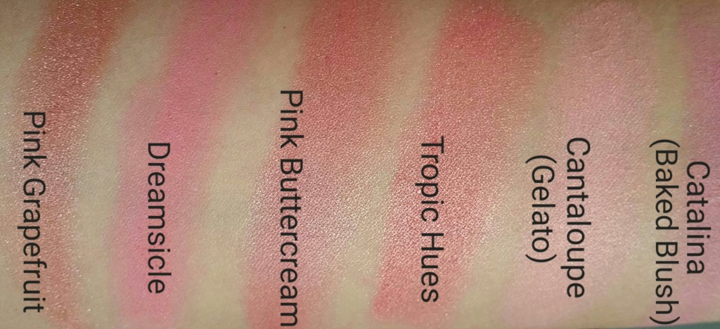 Laura Geller Blush-N-Brighten and Baked Blush, and Baked Gelato Vivid Swirl Blush - swatched on arm in natural light