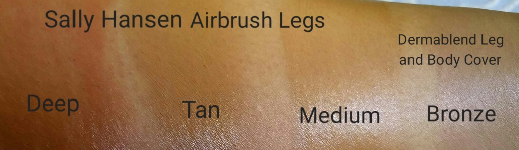 Left to right: Sally Hansen Airbrush Legs Spray in Deep, Tan, and Medium; Dermablend Leg and Body Cover in Bronze: swatched 