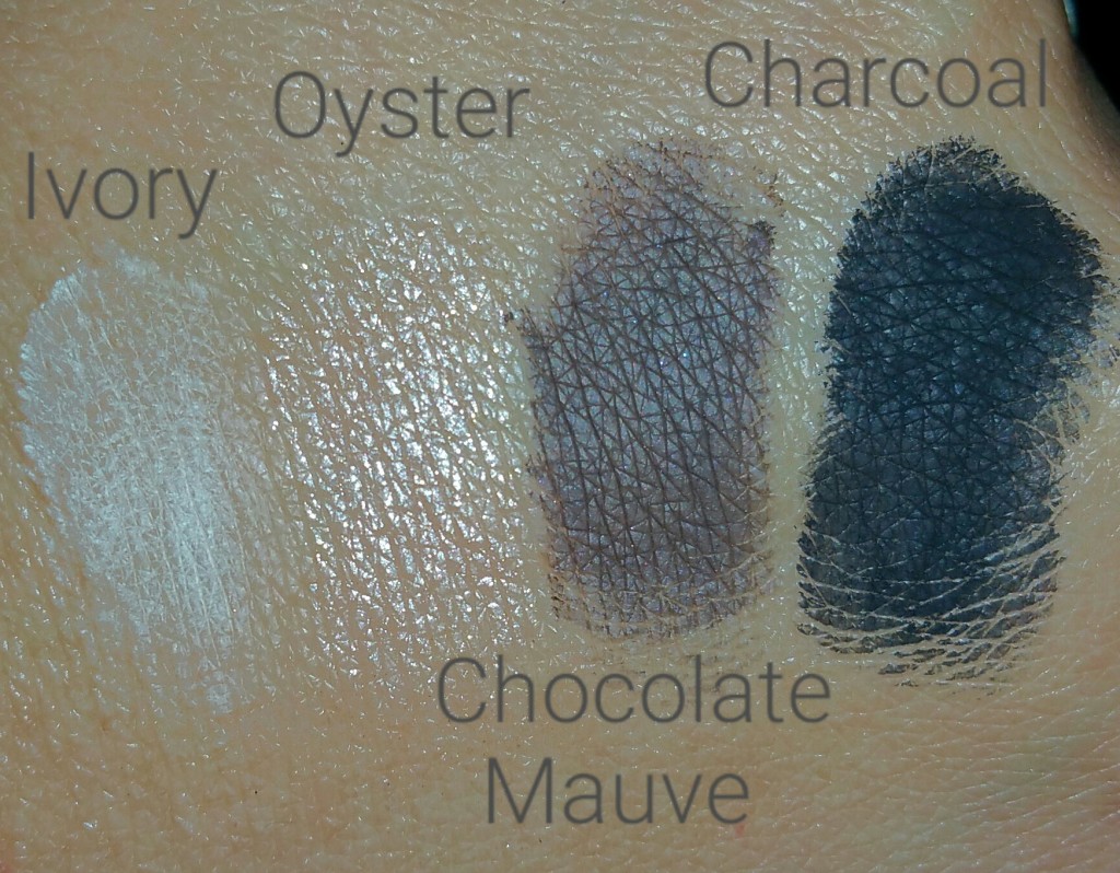 Bobbi Brown Eye Shadow Quad from the Define and Glow Set - Ivory, Oyster, Chocolate Mauve, and Charcoal - swatches
