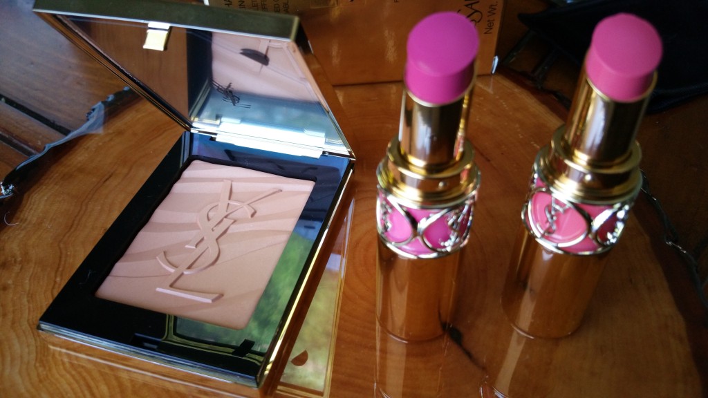 YSL Les Sahariennes Bronzing Stone in Fire Opal No. 2 and YSL Rouge Volupte Shine Oil-in-Stick in Rose Saharienne No 51, Trapeze Pink No 52