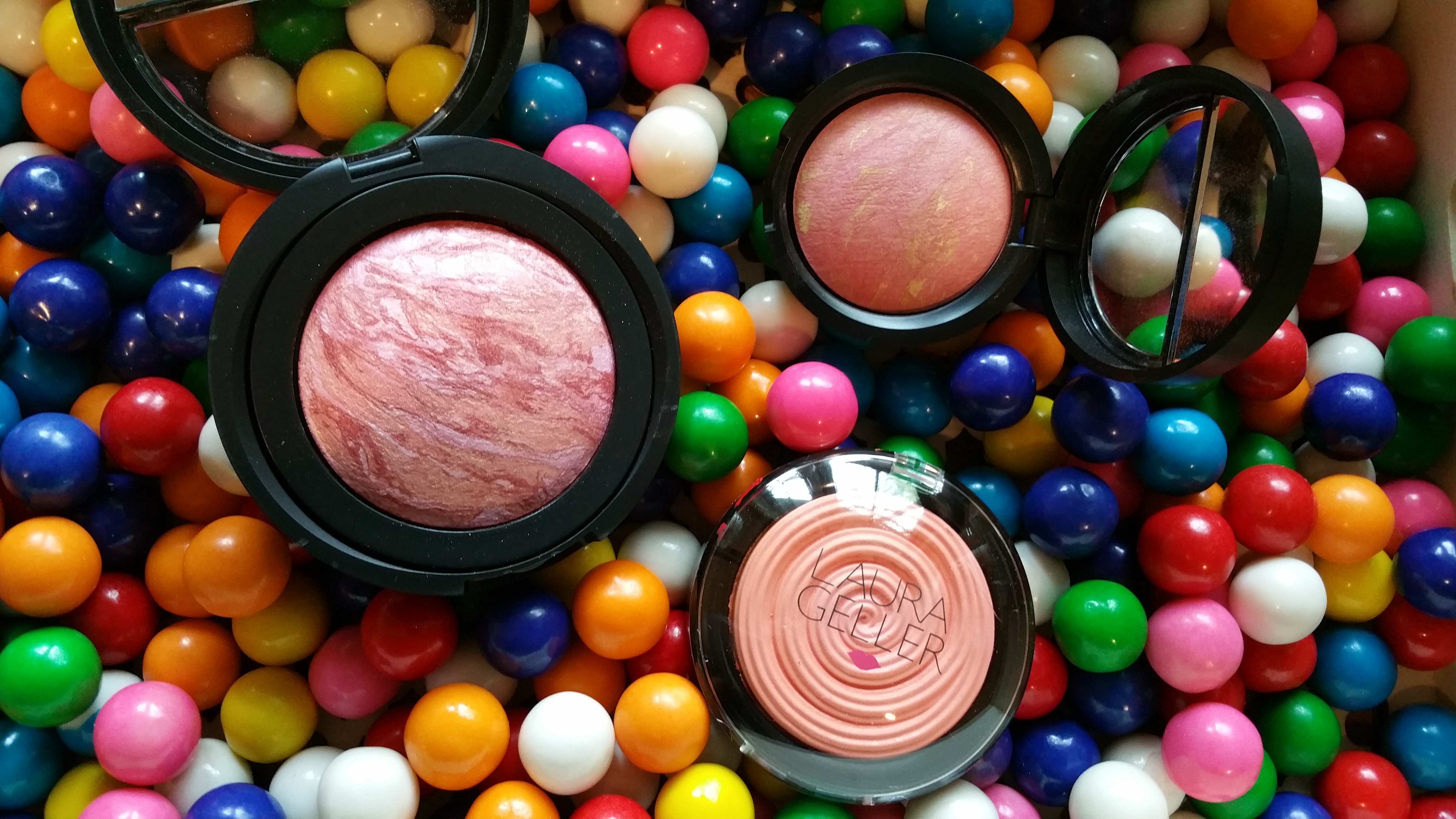 Clockwise from top left: Laura Geller Blush-N-Brighten in Tropic Hues, and Dreamsicle, and Baked Gelato Vivid Swirl Blush in Cantaloupe