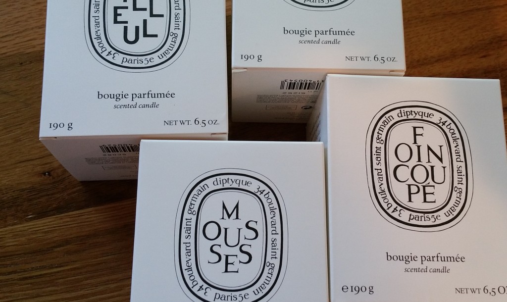 Diptyque Tilleul, Foin Coupe, and Mousses Candles