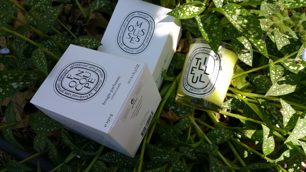 Diptyque candles from the Herbal family: Foin Coupe, Mousses, and Tilleul
