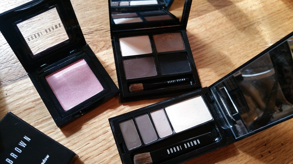 Left to right: Bobbi Brown Pink Chiffon Eye Shadow, Eye Shadow Quad from the Define and Glow Set, and a mini Classic Eye Palette