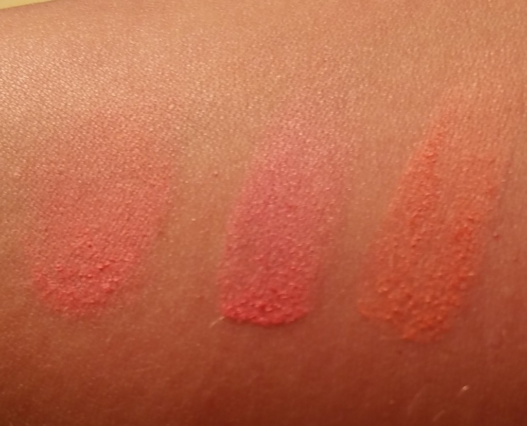 Left to right: Essence Blush Up! in Heatwave #10 swatched: blended colors, pink side, and orange side
