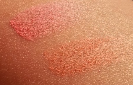 Left to right: Essence Blush Up! in Heatwave #10 swatched: pink side, and orange side