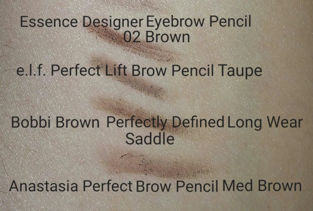 Top to bottom: swatches of Essence, e.l.f., Bobbi Brown, and Anastasia brow pencils