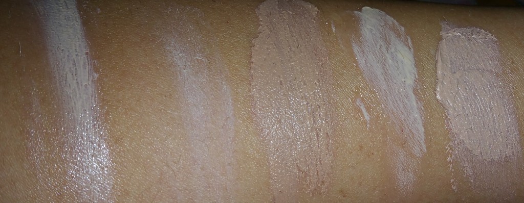 Left to right: with flash, blended swatches of: Andalou 1000 Roses Color + Correct - Sheer Nude - SPF 30, Coola Mineral Face Sunscreen Matte Tint SPF 30, Cotz Natural Face SPF 40, Cotz Flawless Complexion SPF 50, Dermalogica Skinperfect SPF 30