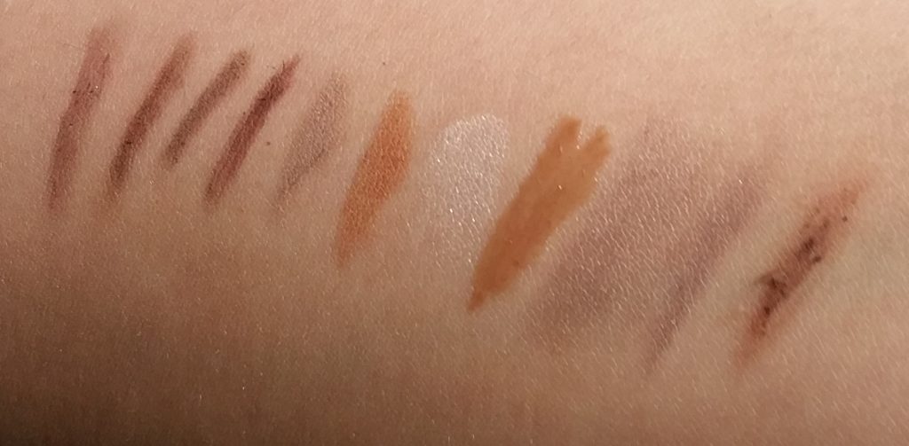 Left to right: Anastasia, Bobbi Brown, e.l.f., Essence, Laura Geller palette colors 1, and 2, Laura Geller palette highlighter, Laura Geller palette wax, Sephora Tinted Brow Freeze, Sephora Retractable Brow Pencil, and Ulta pencil.
