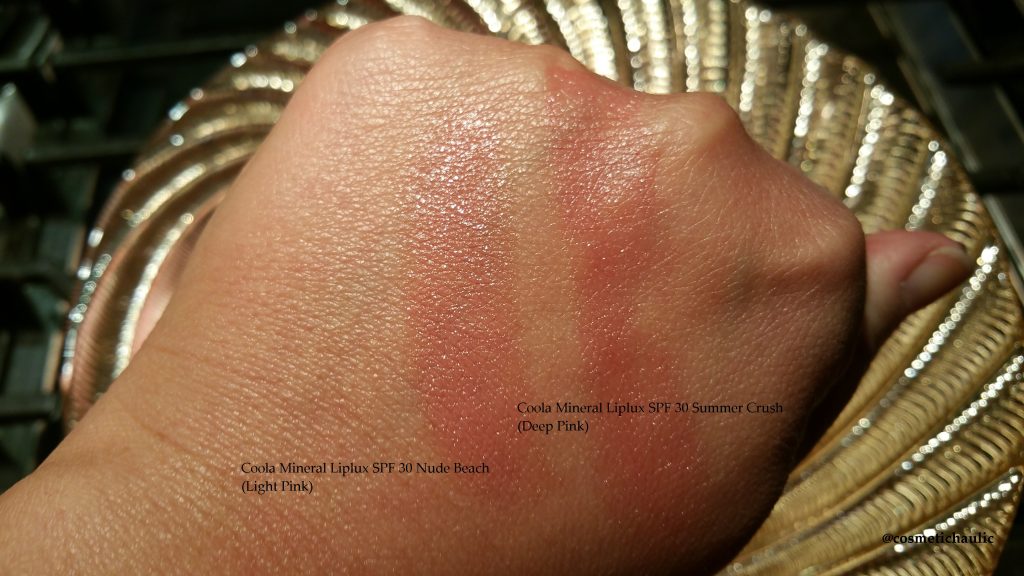 Coola Mineral Liplux SPF 30 in Nude Beach and Summer Crush, swatched