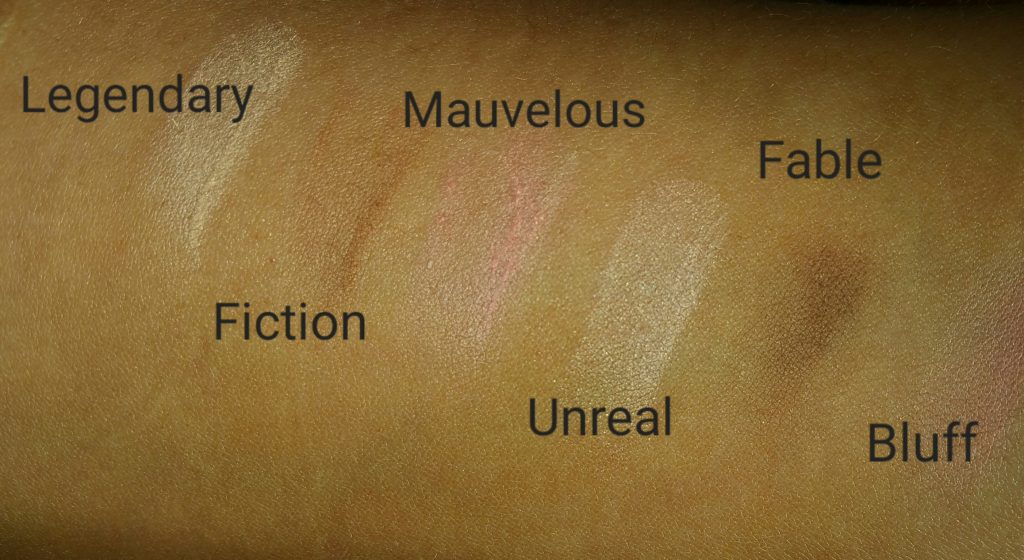 Pur Cosmetics Epic Illusion Artist Blush and Contour Palette, swatched of six shades on arm - with flash