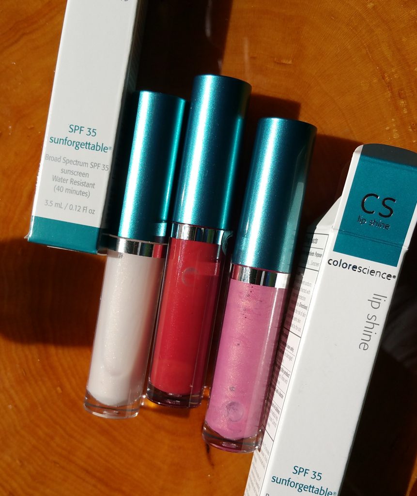 Colorescience Sunforgettable Lip Shines SPF 35 -Clear, Siren, and Pink - left to right