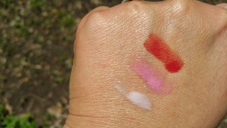 Colorescience Sunforgettable Lip Shine SPF 35 - Clear, Pink, and Siren (left to right) - swatched on hand