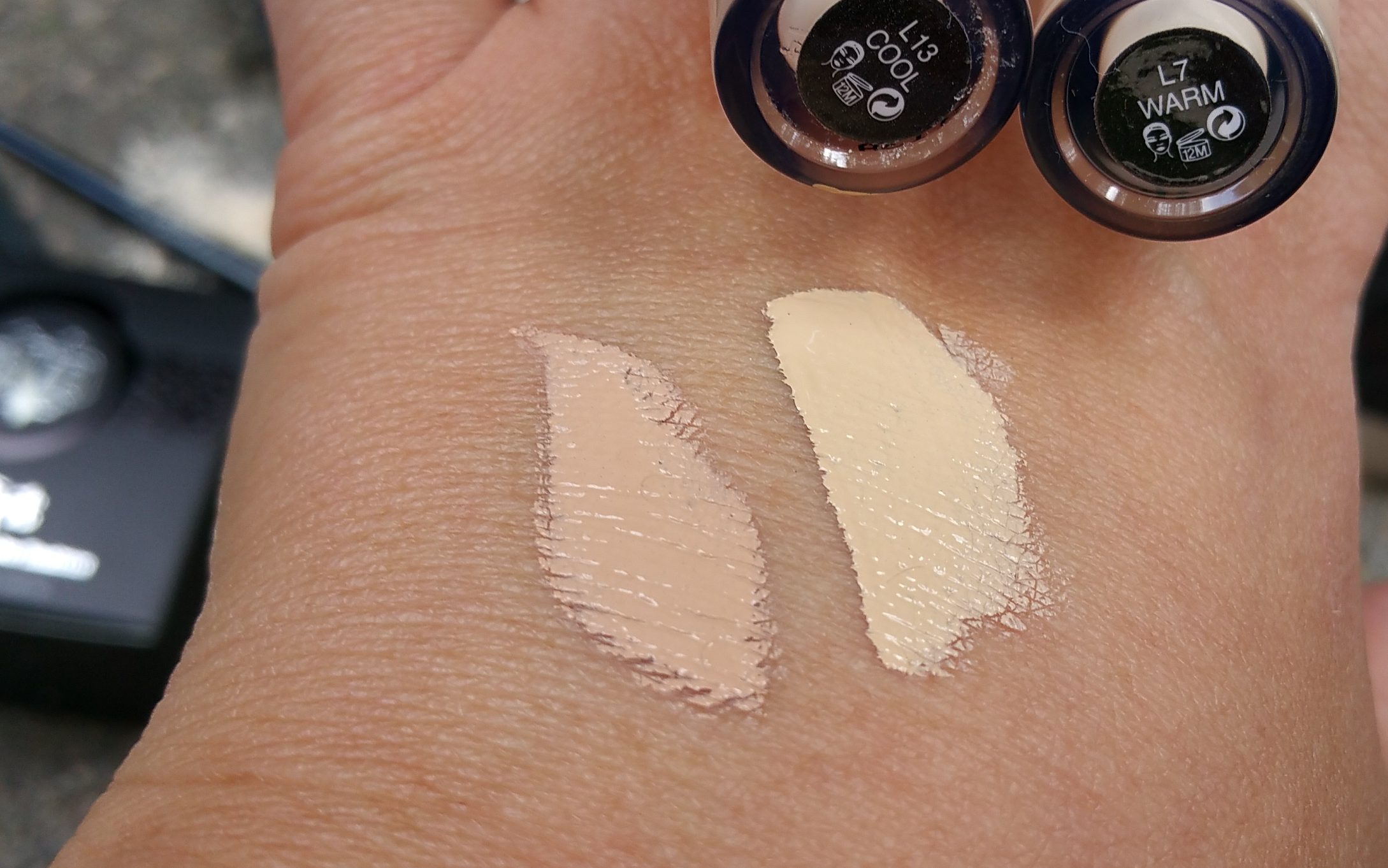 Kat Von D Beauty Lock-It Creme Concealers, in shades L13 (Cool) and L7 (Warm), left to right.