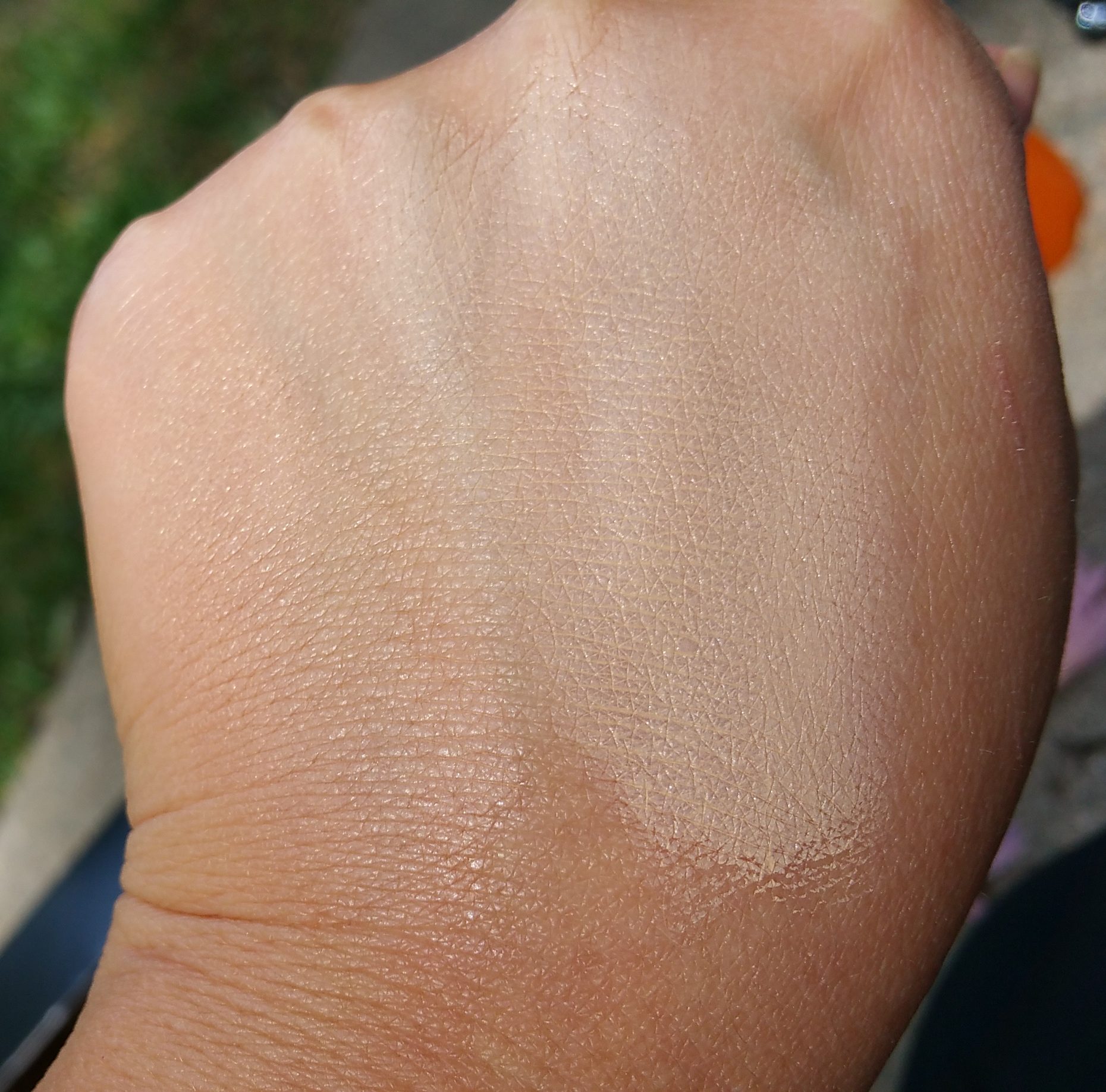 Kat Von D Beauty Lock-It Creme Concealers, in shades L13 (Cool) and L7 (Warm), left to right, swatched and blended out.