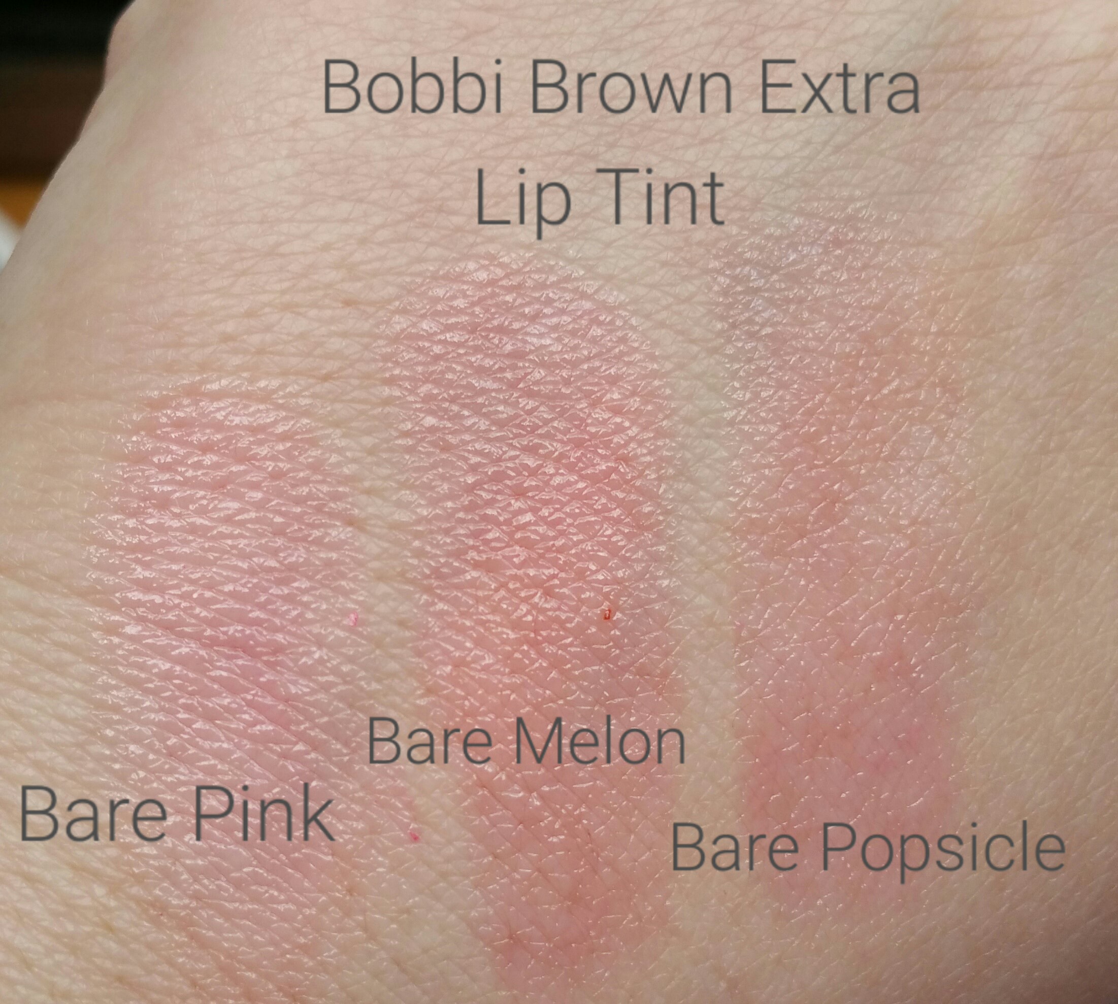 Bobbi Brown's Extra Lip Tint in 2 NEW shades! L to R: Bare Pink, Bare Melon, and Bare Popsicle.