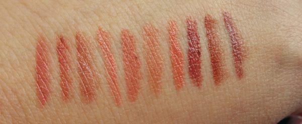Lipstick Queen Nothing But the Nudes: Left to right: The Truth, The Whole Truth, Nothing But The Truth, Sweet As Honey, Blooming Blush, Truth or Bare, Naked Truth, Hanky Panky Pink, Cheeky Chestnut, and Tempting Taupe