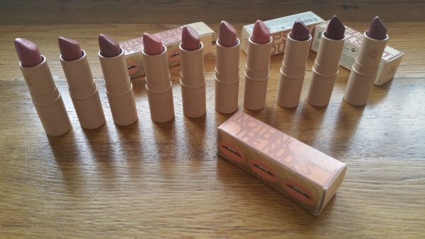 Lipstick Queen Nothing But the Nudes: Left to right: The Truth, The Whole Truth, Nothing But The Truth, Sweet As Honey, Blooming Blush, Truth or Bare, Naked Truth, Hanky Panky Pink, Cheeky Chestnut, and Tempting Taupe