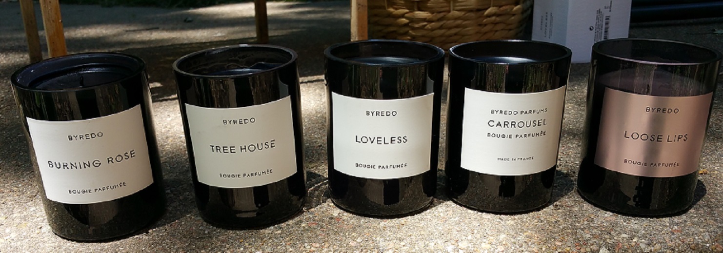 Byredo Candles, left to right: Burning Rose, Tree House, Loveless, Carroussel, and Loose Lips